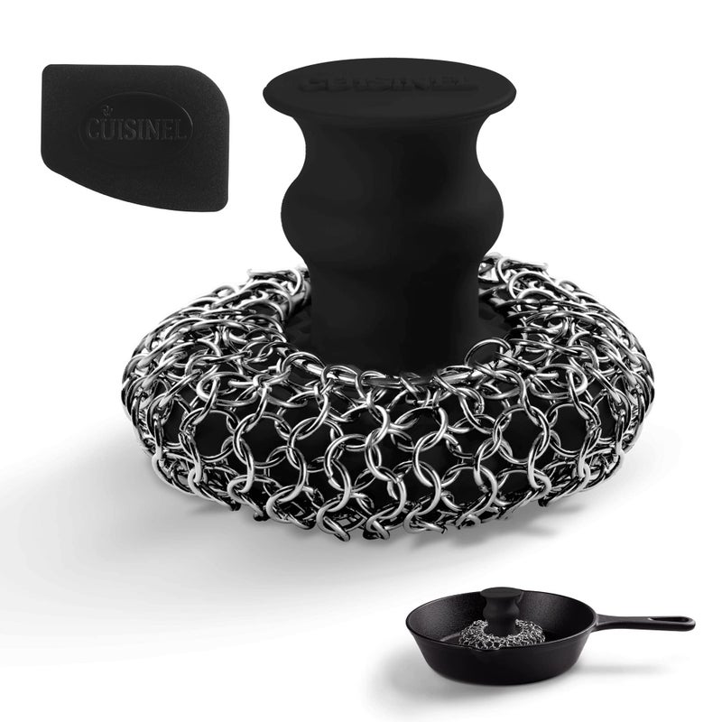 Cuisinel Cast Iron Chainmail Scrubber  Pan Scraper  Deluxe Ergonomic StainlessSilicone Pot and Skillet Cleaner  FoodSafe Design  Easy to Clean Dishwasher Safe Cookware  Kitchen Sponge Accessory