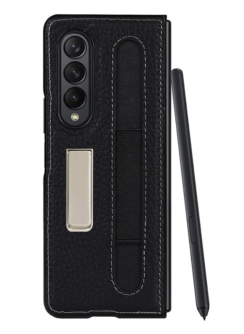 Samsung Galaxy Z Fold 3 Phone Case with S Pen Holder, Stand Function, Drop Resistant, Lychee Pattern (Black with Pen Slot)  - Image 4