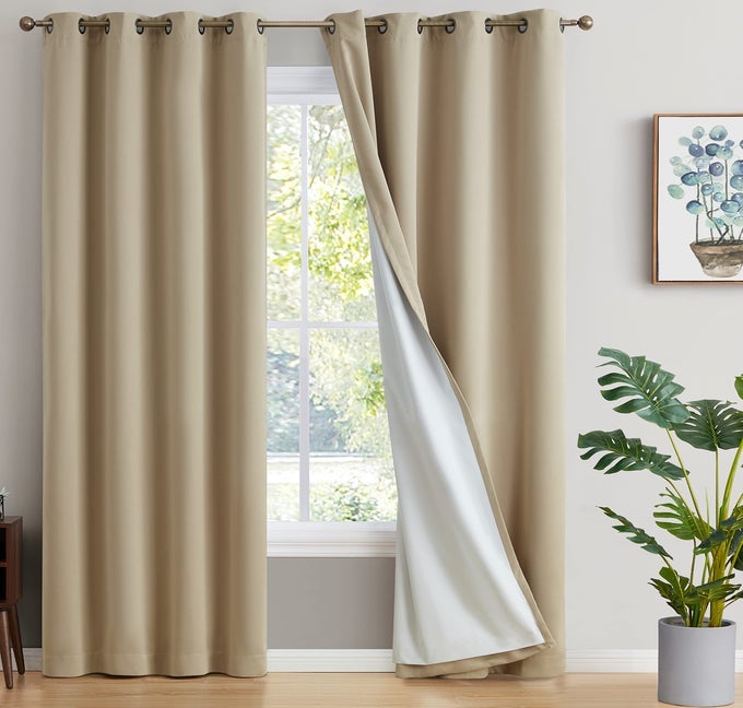 HLCME DAKOTA 100 COMPLETE BLACKOUT LINED DRAPERY DOUBLE LAYER THERMAL INSULATED ENERGY EFFICIENT SOUNDPROOF WINDOW CURTAIN GROMMET PANELS FOR BEDROOM LIVING ROOM 2 PANELS 52 W X 84 L TAUPE
