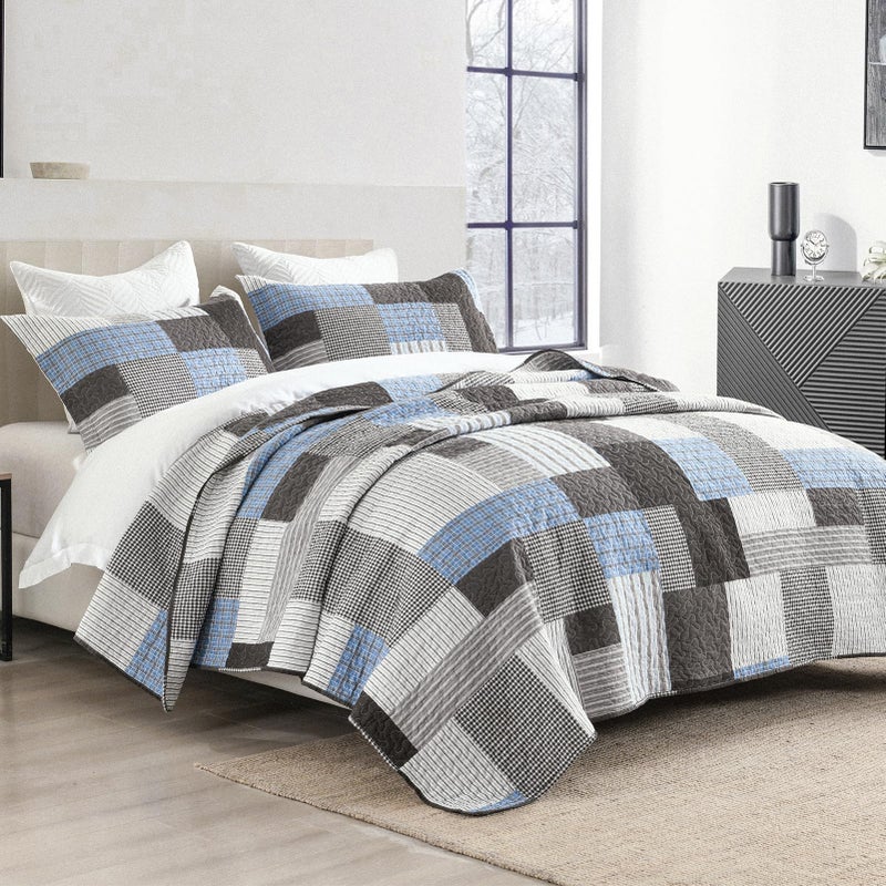 SahSahCasa Quilt King Size, King Quilt Set, 100% Cotton King Quilt Bedding Set Bedspreads, Farmhouse Patchwork Quilt, Plaid Reversible Lightweight Rustic Bedspread, Taupe Blue White, 3Pcs - Image 2