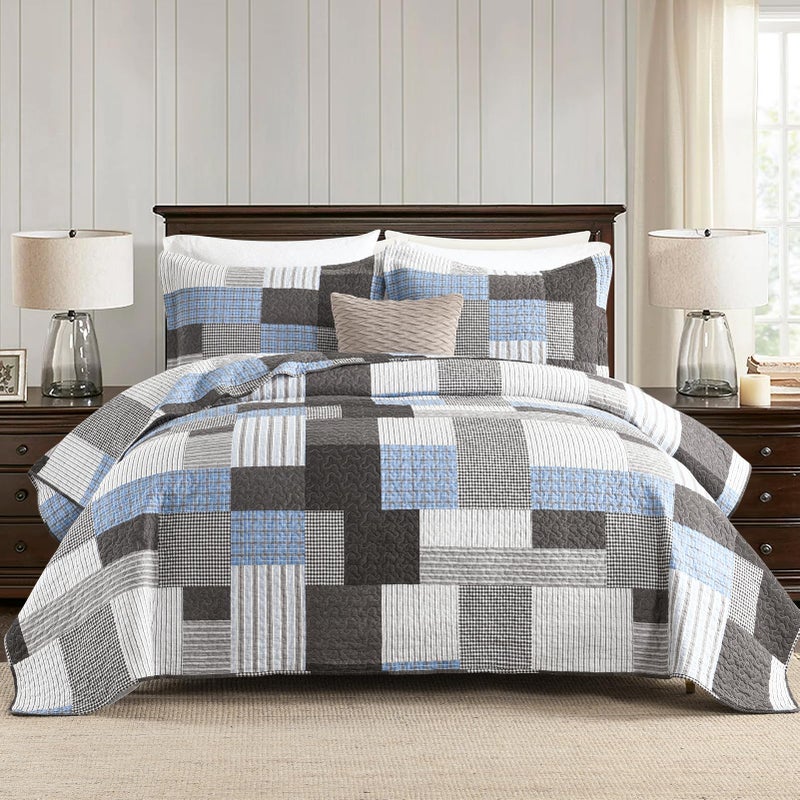 SahSahCasa Quilt King Size, King Quilt Set, 100% Cotton King Quilt Bedding Set Bedspreads, Farmhouse Patchwork Quilt, Plaid Reversible Lightweight Rustic Bedspread, Taupe Blue White, 3Pcs - Image 1