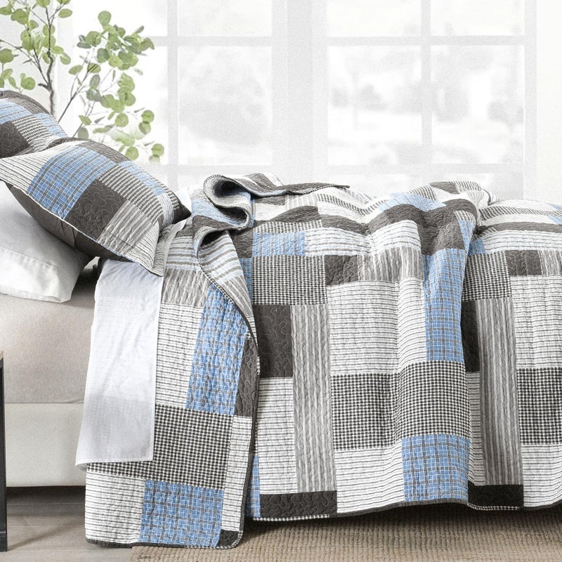 SahSahCasa Quilt King Size, King Quilt Set, 100% Cotton King Quilt Bedding Set Bedspreads, Farmhouse Patchwork Quilt, Plaid Reversible Lightweight Rustic Bedspread, Taupe Blue White, 3Pcs - Image 3