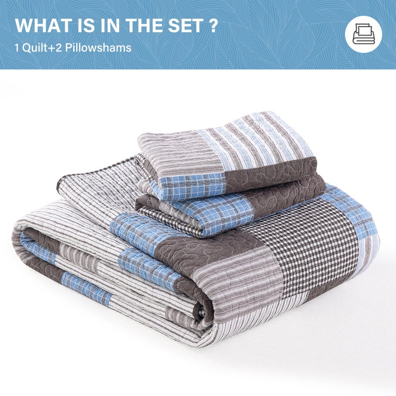 SahSahCasa Quilt King Size, King Quilt Set, 100% Cotton King Quilt Bedding Set Bedspreads, Farmhouse Patchwork Quilt, Plaid Reversible Lightweight Rustic Bedspread, Taupe Blue White, 3Pcs - Image 5