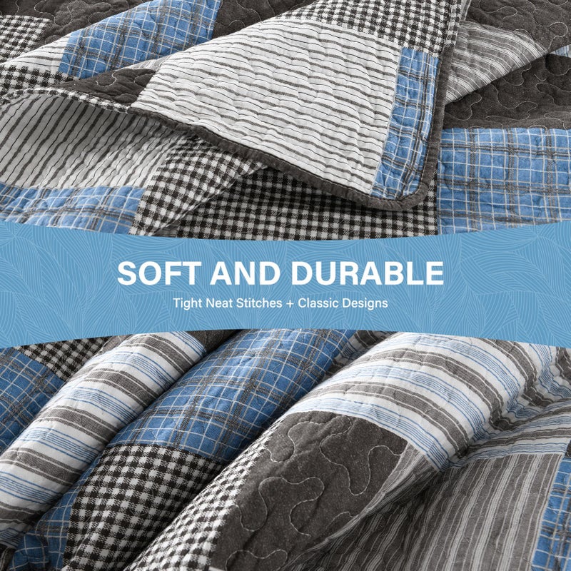 SahSahCasa Quilt King Size, King Quilt Set, 100% Cotton King Quilt Bedding Set Bedspreads, Farmhouse Patchwork Quilt, Plaid Reversible Lightweight Rustic Bedspread, Taupe Blue White, 3Pcs - Image 4