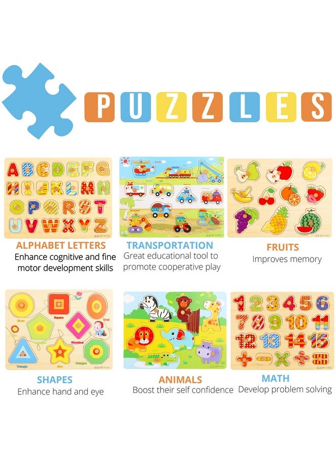 Asher and Olivia Premium Puzzles for Toddlers and Rack Set - (7 Pack) Includes 1 Learning Clock - 6 Alphabet, Numbers, Shapes, Animals, Cars, Fruits Puzzles  - Image 3