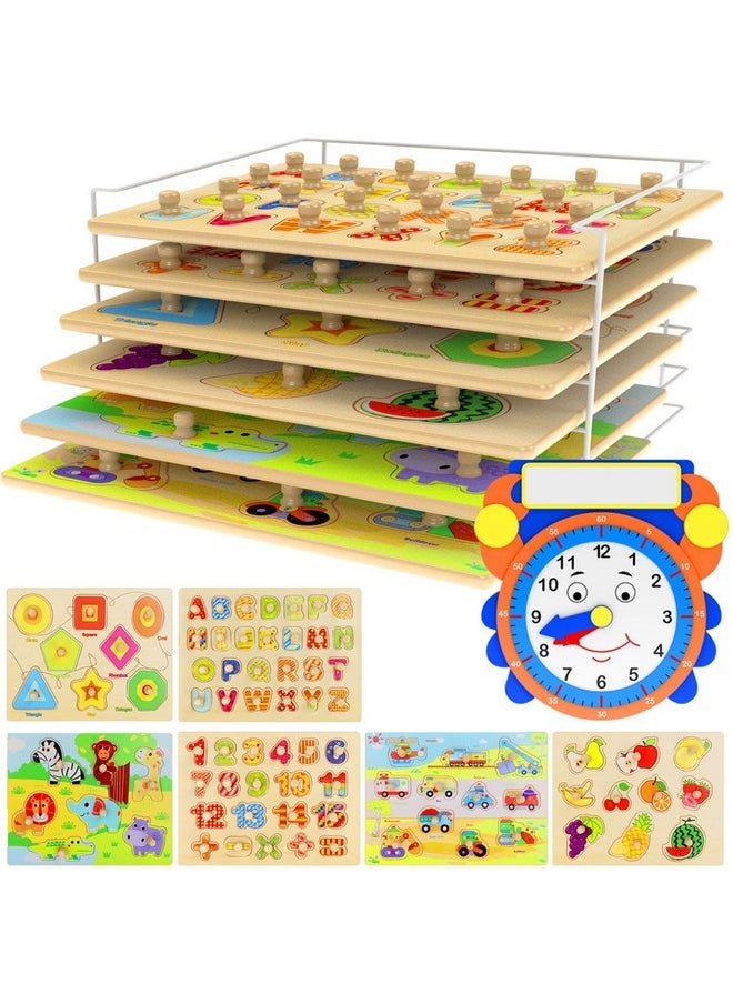 Asher and Olivia Premium Puzzles for Toddlers and Rack Set - (7 Pack) Includes 1 Learning Clock - 6 Alphabet, Numbers, Shapes, Animals, Cars, Fruits Puzzles  - Image 1