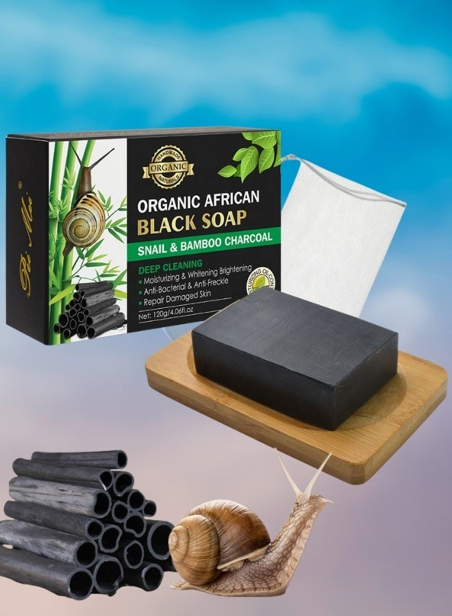 Pei Mei 120g Organic African Black Soap With Snail and Bamboo Charcoal Body Moisturizing Cleansing Skin Soap Anti Acne Black African Soap Handmade Soap Bar Bamboo Charcoal Black Soap Natural face and Body soap - Image 1