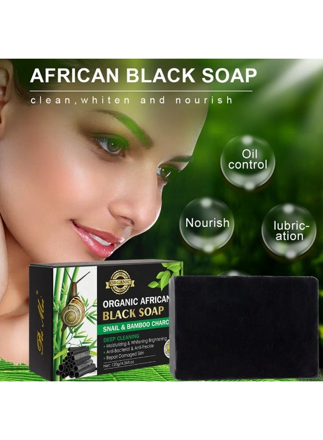 Pei Mei 120g Organic African Black Soap With Snail and Bamboo Charcoal Body Moisturizing Cleansing Skin Soap Anti Acne Black African Soap Handmade Soap Bar Bamboo Charcoal Black Soap Natural face and Body soap - Image 2
