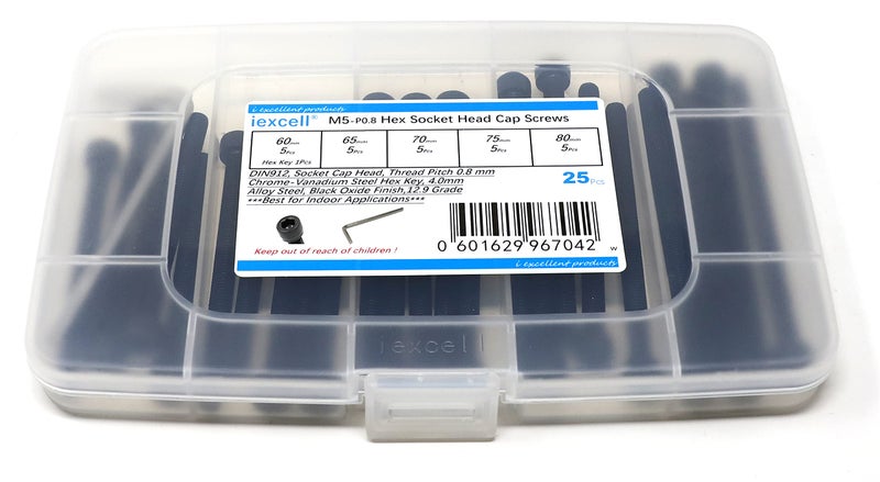Iexcell 25 Pcs M5 X 60/65/70/75/80 Alloy Steel 12.9 Grade Hex Socket Head Cap Screws Bolts Assortment Kit Black Oxide Finish - Image 1