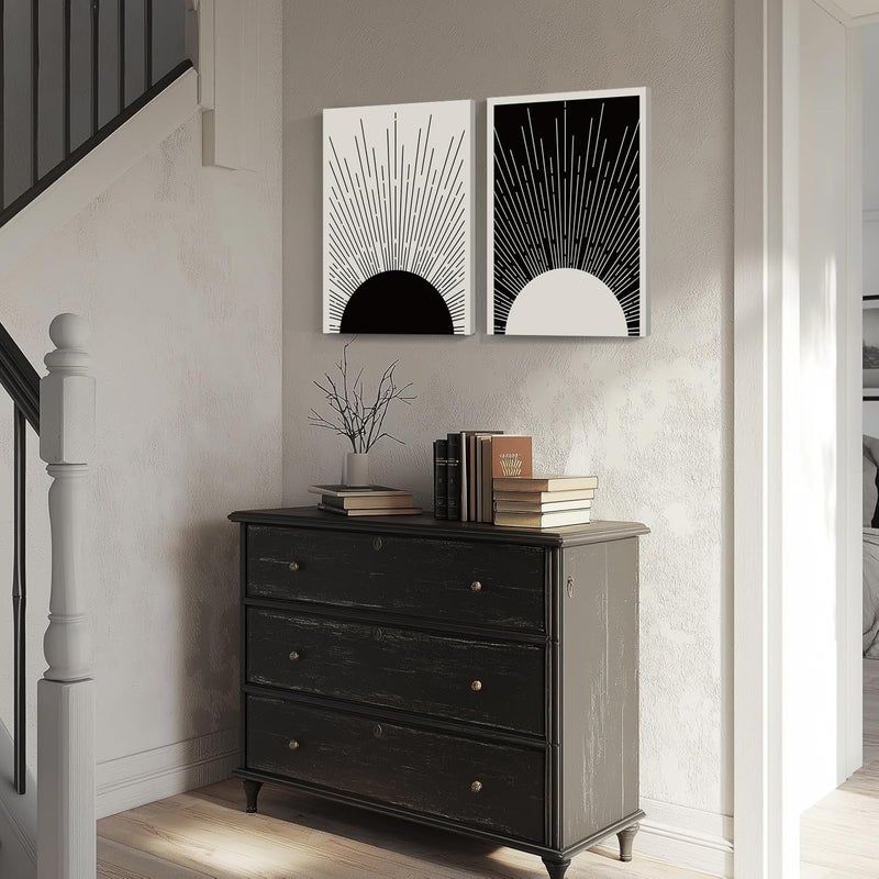 Hwetui Framed Boho Sun Wall Art Set of 2 Black and White Minimalist Sunrise Canvas Prints Abstract Sunshine Painting Geometric Line Pictures Home Decor for Living Room Bedroom Bathroom 12x16in - Image 3