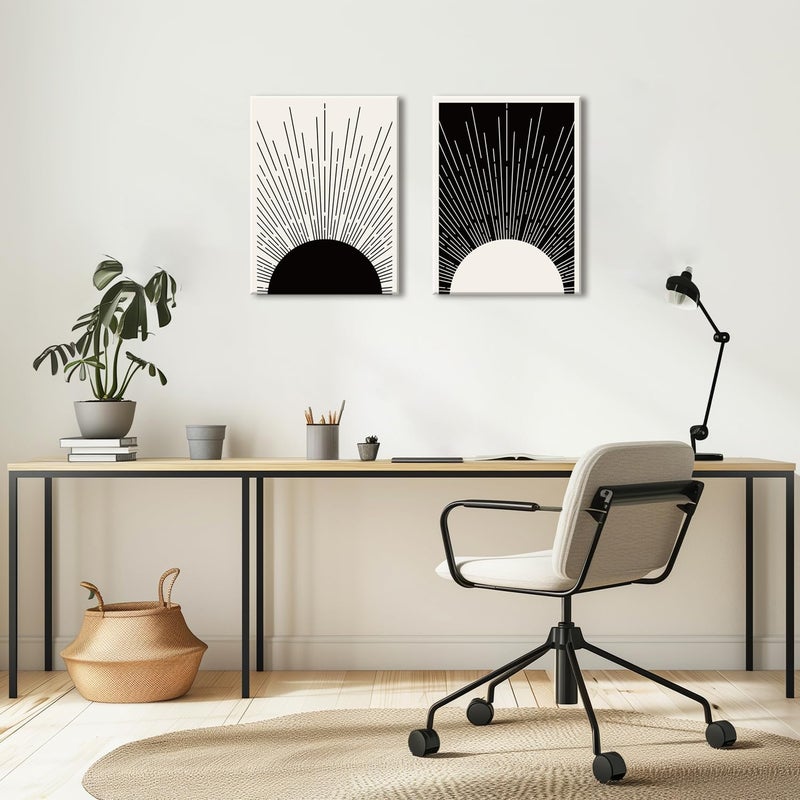 Hwetui Framed Boho Sun Wall Art Set of 2 Black and White Minimalist Sunrise Canvas Prints Abstract Sunshine Painting Geometric Line Pictures Home Decor for Living Room Bedroom Bathroom 12x16in - Image 4