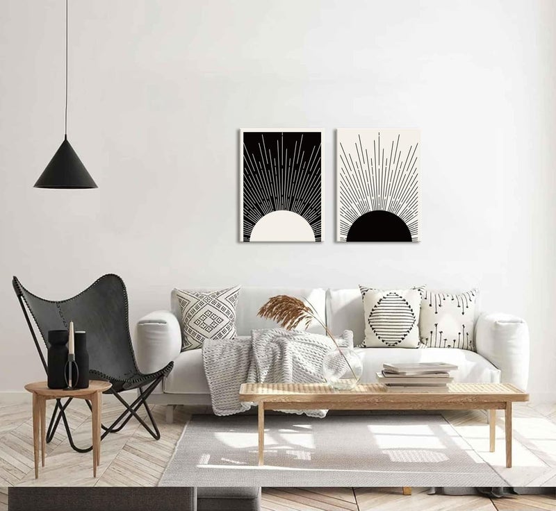 Hwetui Framed Boho Sun Wall Art Set of 2 Black and White Minimalist Sunrise Canvas Prints Abstract Sunshine Painting Geometric Line Pictures Home Decor for Living Room Bedroom Bathroom 12x16in - Image 2