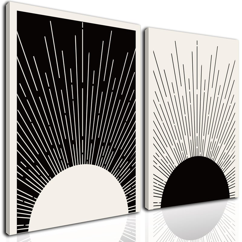 Hwetui Framed Boho Sun Wall Art Set of 2 Black and White Minimalist Sunrise Canvas Prints Abstract Sunshine Painting Geometric Line Pictures Home Decor for Living Room Bedroom Bathroom 12x16in - Image 1