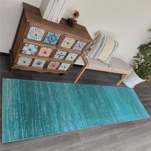 AMIDA 9ft Hall Rugs Runners Non Slip Abstract Teal Runner Rug with Rubber Backing Washable Contemporary Sea Blue Stripe - Image 2