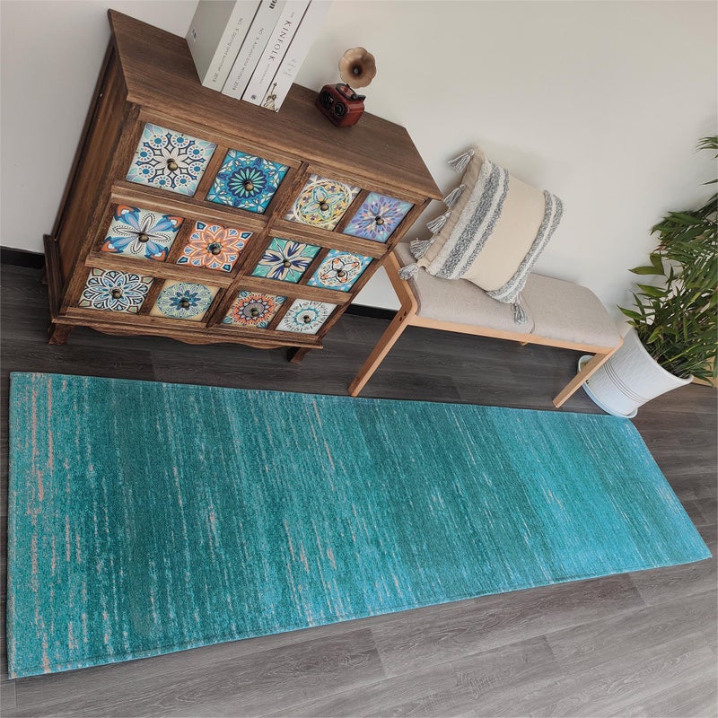 AMIDA 9ft Hall Rugs Runners Non Slip Abstract Teal Runner Rug with Rubber Backing Washable Contemporary Sea Blue Stripe - Image 1