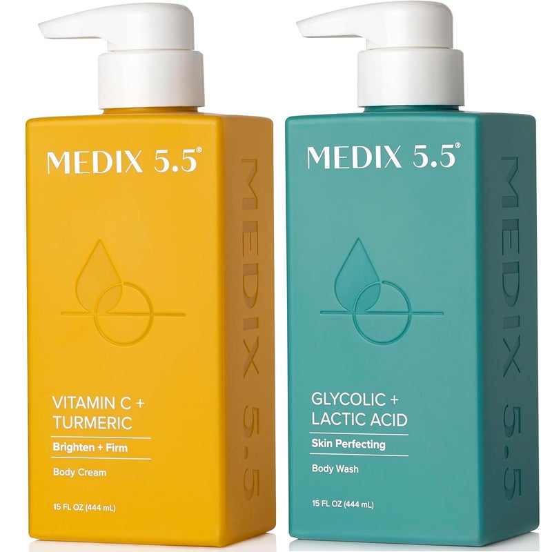 MEDIX Exfoliating AHA Glycolic Acid Face & Body Wash Cleanser + Vitamin C Moisturizing Body Cream Lotion Skin Care 2PC Set | Alpha Hydroxy Acid & Lactic Acid Foaming Face Wash, 2-PC - Image 1