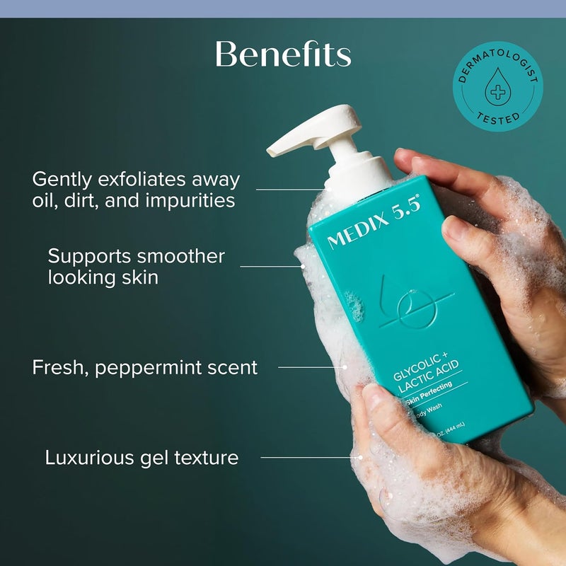 MEDIX Exfoliating AHA Glycolic Acid Face & Body Wash Cleanser + Vitamin C Moisturizing Body Cream Lotion Skin Care 2PC Set | Alpha Hydroxy Acid & Lactic Acid Foaming Face Wash, 2-PC - Image 3