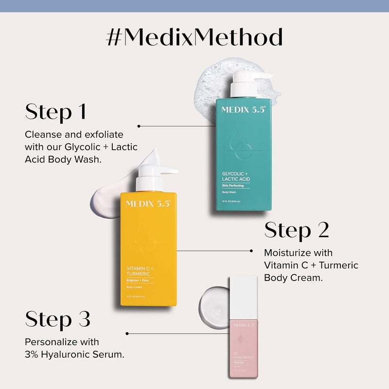 MEDIX Exfoliating AHA Glycolic Acid Face & Body Wash Cleanser + Vitamin C Moisturizing Body Cream Lotion Skin Care 2PC Set | Alpha Hydroxy Acid & Lactic Acid Foaming Face Wash, 2-PC - Image 2