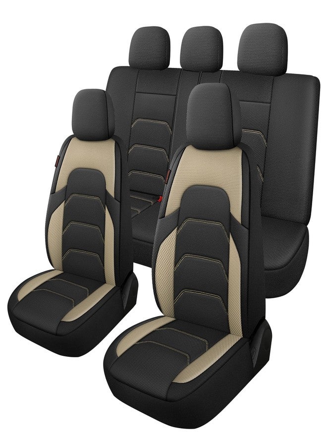 CAROMOP طقم كامل من أغطية مقاعد السيارة الشبكية ثلاثية الأبعاد من كاروموب، أغطية مقاعد قابلة للتهوية للسيارات، متوافقة مع المقاعد المنفصلة، مقاس عالمي للسيارات الرياضية متعددة الاستخدامات، والشاحنات الصغيرة، وسيارات السيدان، والشاحنات، أغطية داخلية للسيارات (5 مقاعد أسود/بيج) - Image 1