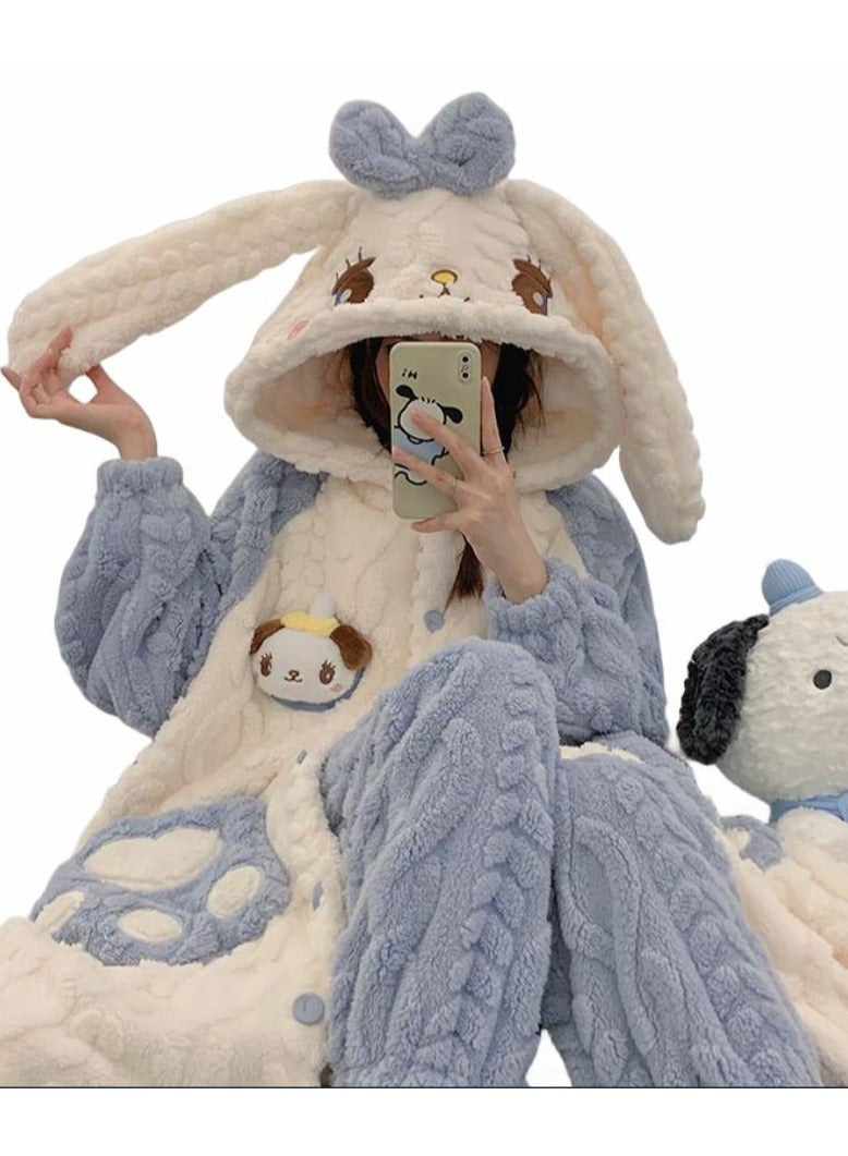 KUYING Velvet and Thickened Nightgown Cute Cartoon Home Fur Set