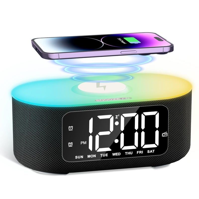 JALL Fabric Alarm Clock for Bedroom with Big Led Screen Display Bluetooth Stereo Sound Speaker FM Radio Fast Wireless Charging USB Charging Port Nightlight White Noise Ideal for Gift Black