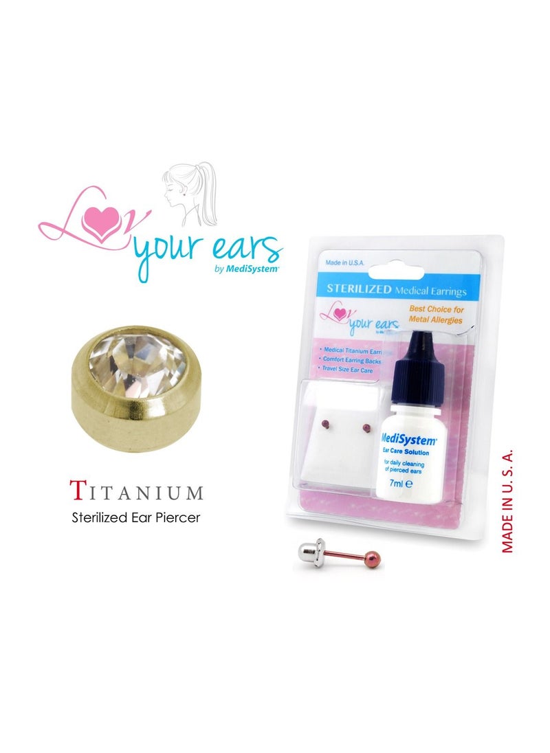 MediSystem Sterilized Medical Earrings Golden Titanium 3mm Crystal Bezel, Made in USA  - Image 1