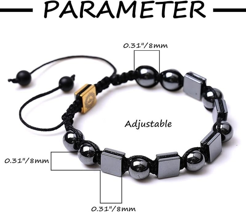 Mana Gallery Adjustable Hematite Beaded Bracelet, Metallic Gray Rectangular Beads, Black Cord, Minimalist Unisex Macrame Bracelet, Handmade Menâ€™s Bracelet (Round & Square Hematite) - Image 3