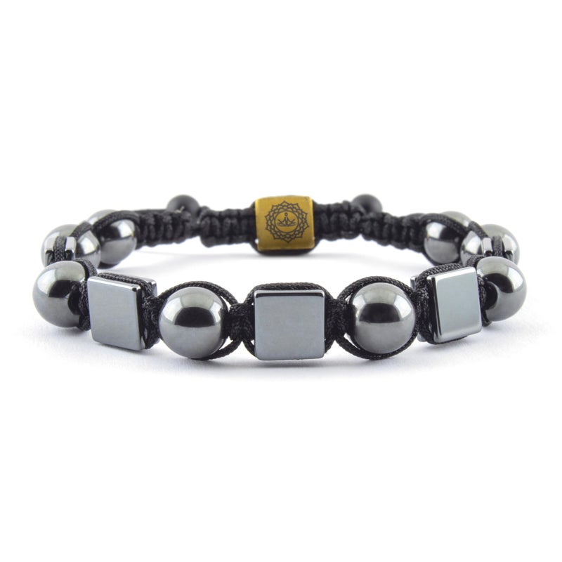 Mana Gallery Adjustable Hematite Beaded Bracelet, Metallic Gray Rectangular Beads, Black Cord, Minimalist Unisex Macrame Bracelet, Handmade Menâ€™s Bracelet (Round & Square Hematite) - Image 1