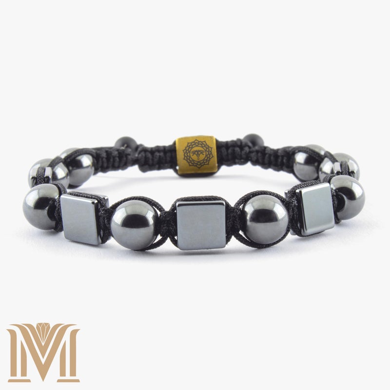 Mana Gallery Adjustable Hematite Beaded Bracelet, Metallic Gray Rectangular Beads, Black Cord, Minimalist Unisex Macrame Bracelet, Handmade Menâ€™s Bracelet (Round & Square Hematite) - Image 4