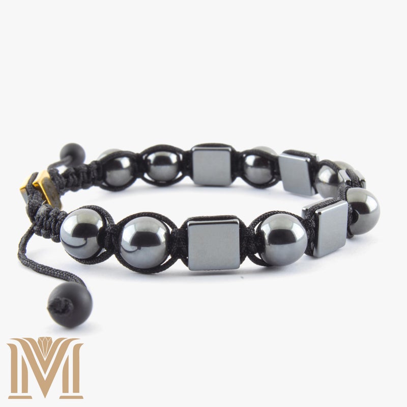 Mana Gallery Adjustable Hematite Beaded Bracelet, Metallic Gray Rectangular Beads, Black Cord, Minimalist Unisex Macrame Bracelet, Handmade Menâ€™s Bracelet (Round & Square Hematite) - Image 2