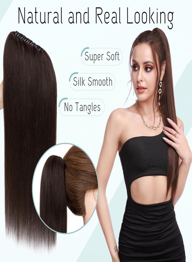 S-noilite Claw Clip Ponytail Extension Human Hair #2 Dark Brown Real Remy Human Hair Ponytail Extension 14inch Long Straight Hair Pony Tails Hair Extensions For Women 105Grams - Image 4