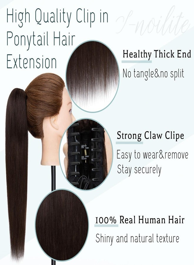 S-noilite Claw Clip Ponytail Extension Human Hair #2 Dark Brown Real Remy Human Hair Ponytail Extension 14inch Long Straight Hair Pony Tails Hair Extensions For Women 105Grams - Image 3