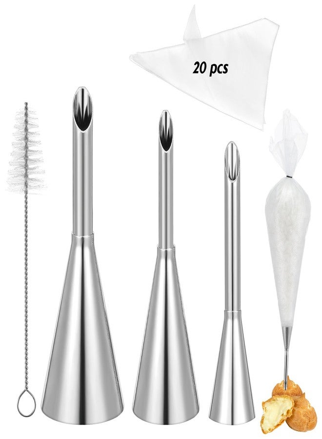 KFHENSOMR Cream Puff Cupcake Filler Piping Tips Kit 3 Pcs Stainless Steel Long Puff Nozzle Tips & 20 Disposable Pastry Piping Bags with Injector Tip Cleaning Brush for Donuts Pastry Filling - Image 1