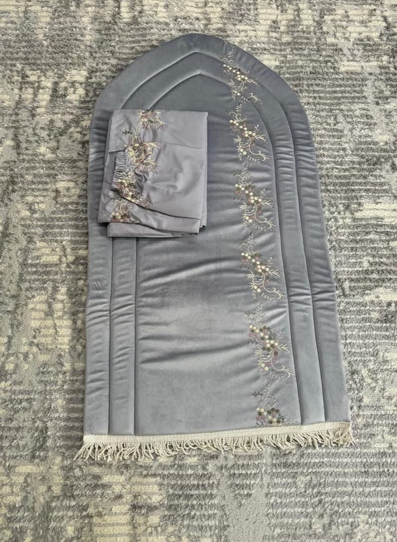 برايدس طقم سجاد صلاة مع شرشف مرد مطرز - رمادي