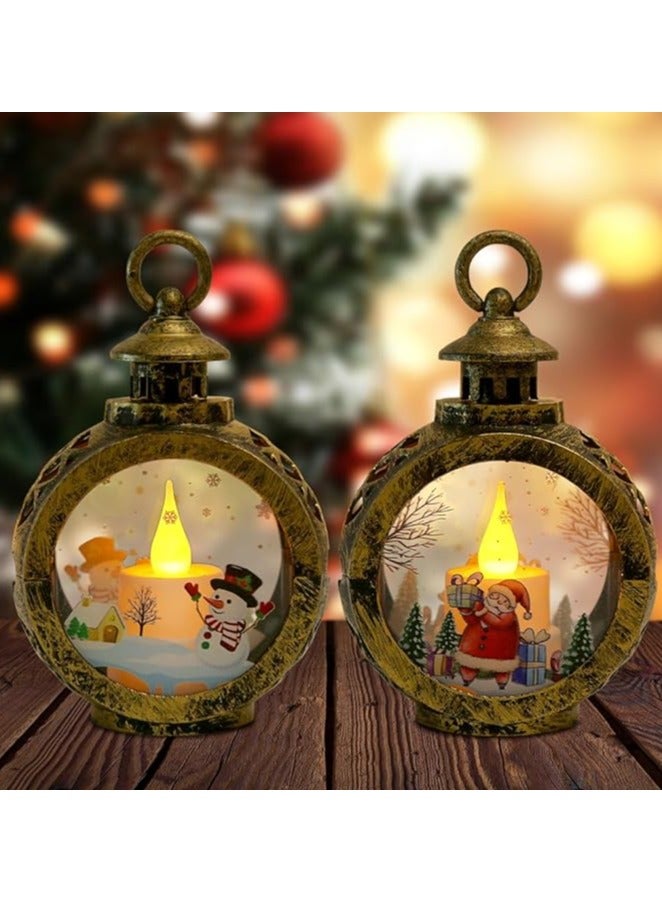 2 × فوانيس عيد الميلاد، فانوس كرة ثلجية LED لعيد الميلاد مع سانتا كلوز، زينة عيد الميلاد فانوس عيد الميلاد، مصباح حريق عيد الميلاد ريترو مع نمط للهدايا وديكور الحفلات - Image 1