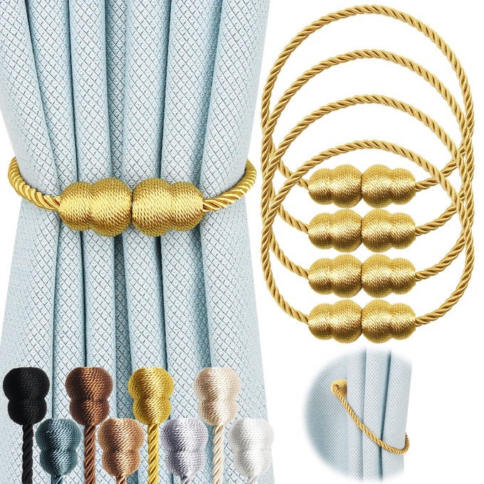 Magnetic Curtain Tiebacks 4 Pack Rope Decorative Curtain Tie Backs Elegant Curtain Holders for Drapes Outdoor Window Treatment Holdbacks Gold