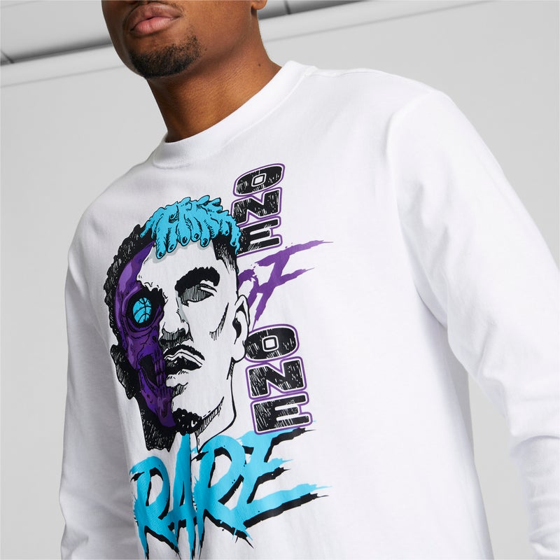 PUMA MELO Blue Hive Mens White Long Sleeve Basketball T-shirt - Image 3