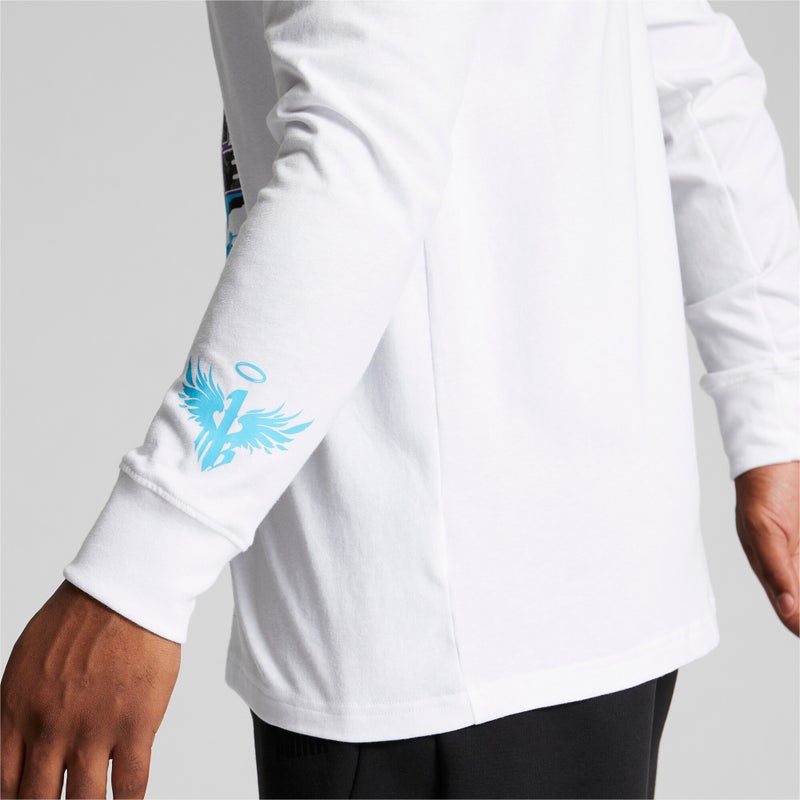 PUMA MELO Blue Hive Mens White Long Sleeve Basketball T-shirt - Image 5