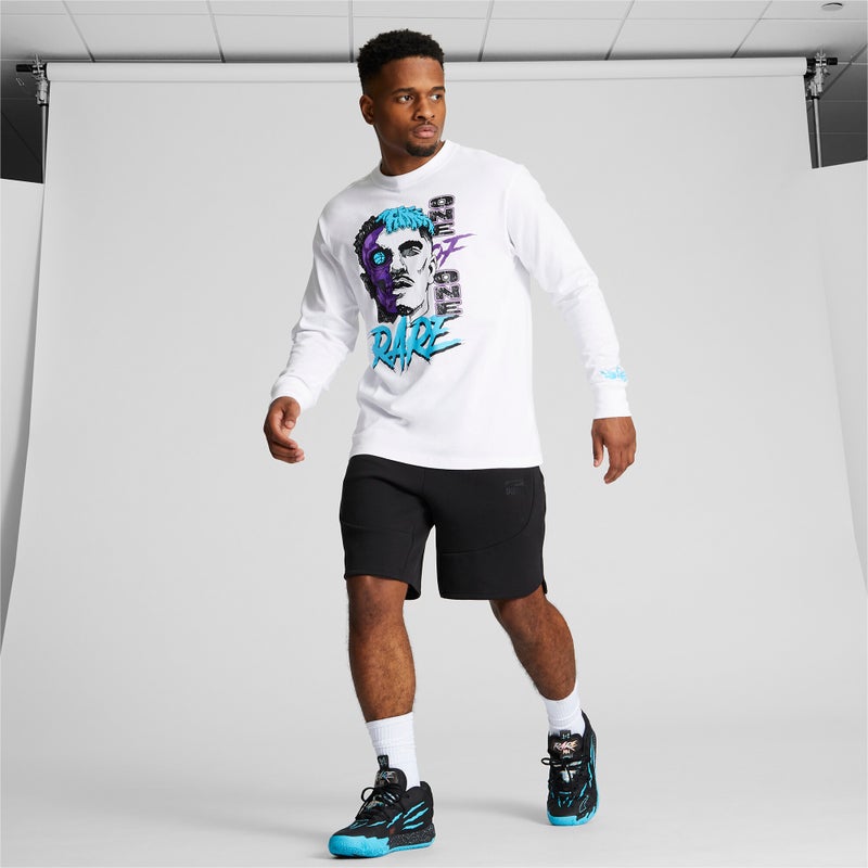 PUMA MELO Blue Hive Mens White Long Sleeve Basketball T-shirt - Image 4