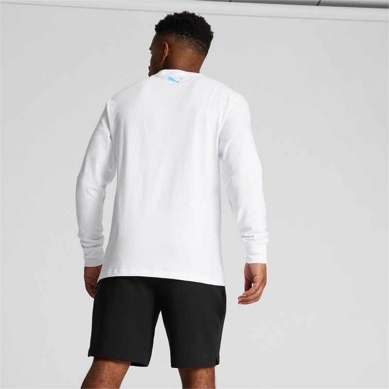 PUMA MELO Blue Hive Mens White Long Sleeve Basketball T-shirt - Image 2
