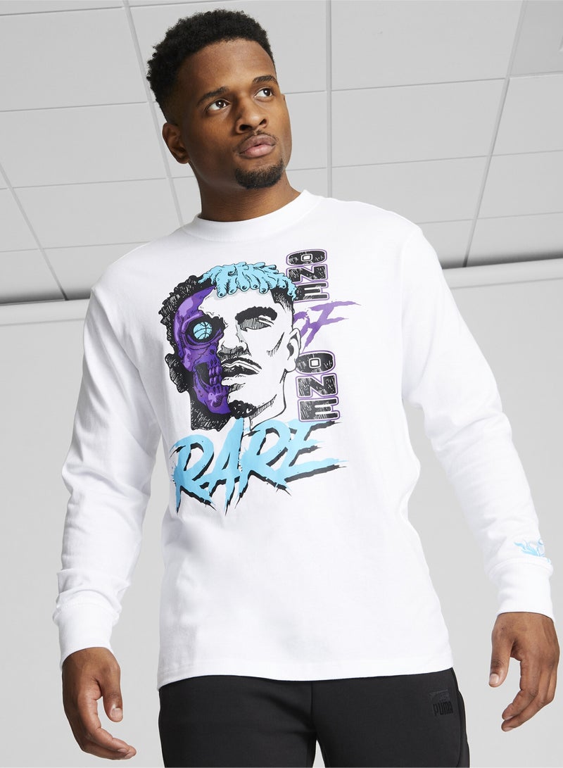 PUMA MELO Blue Hive Mens White Long Sleeve Basketball T-shirt - Image 1