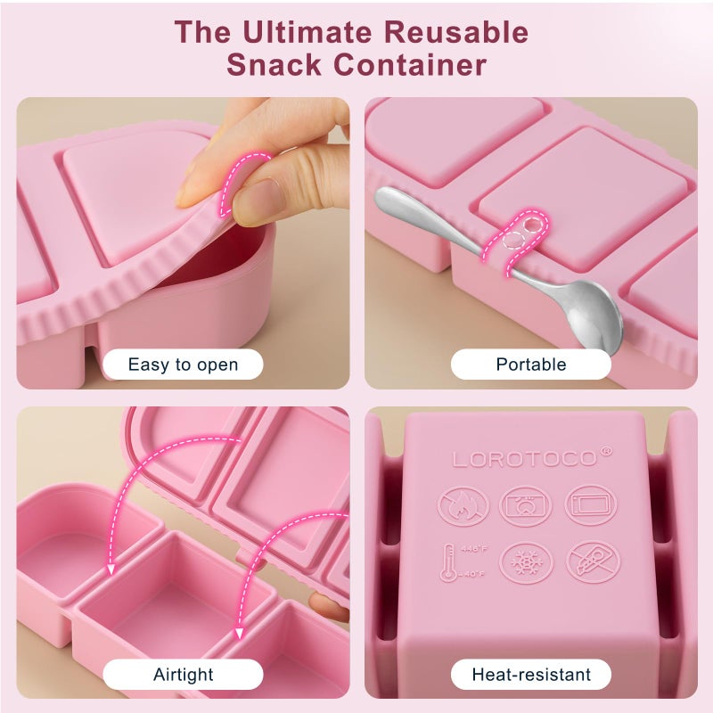 LOROTOCO 3Pack Silicone Reusable Snack Containers for Kids - 14 oz 3 Compartment Small Snackle Box with Lids for Lunch & Sauce, Food Storage for School, Travel, Work - Image 5