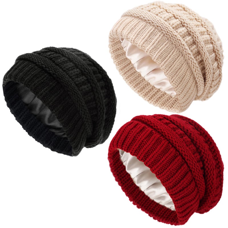 Ultrafun 3 Pack Satin Lined Beanie for Women, Slouchy Winter Hats with Silk Lined, Oversized Knit Warm Hat Skull Cap (Black, Beige, Red) - Image 1