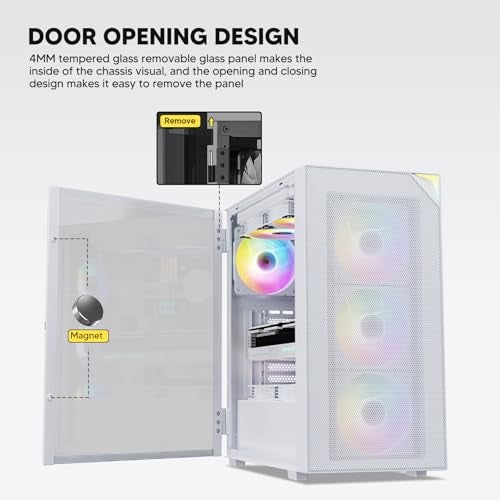 Vetroo AL800 Mid Tower ATX PC Computer Case Door Opening Design Tempered Glass Adjustable LED Strip PreInstalled ARGB PWM FDB Fan in Rear Support for 50 Series GPUs White - Image 3