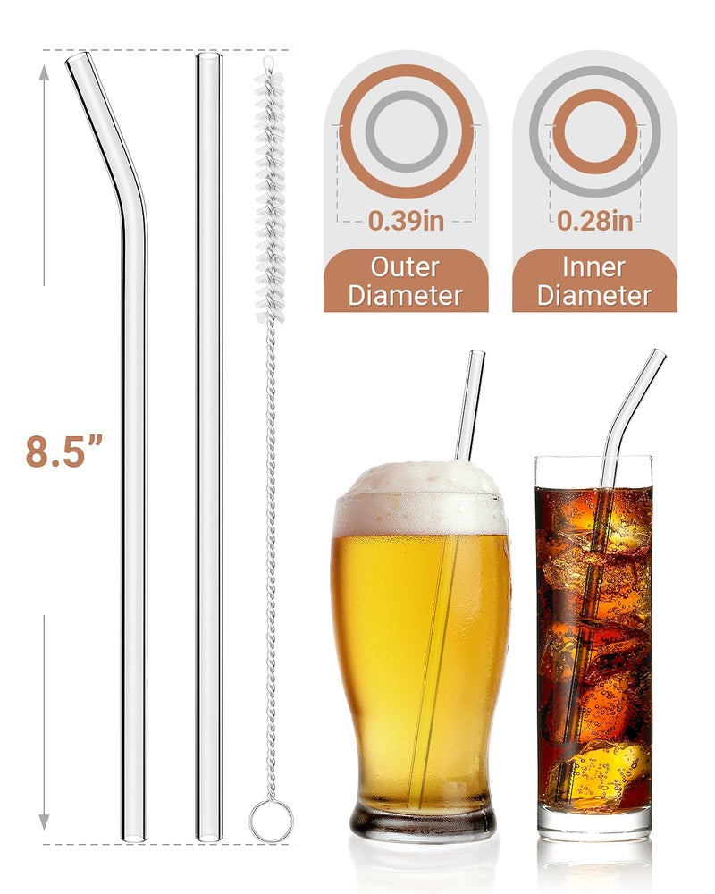 FoogweeÂ® 20 Packs Reusable Glass Straws Set, 8.5'' x 10mm Clear Drinking Straws for Smoothies, Shakes, Coffee, Juice, Sodas, Milk, Tea, Cocktails, Set of 8 Straight and 8 Bent with 4 Cleaning Brushes - Image 2
