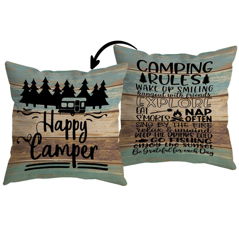 Huyaw Rustic Happy Camper Wood Board قابلة للانعكاس تغطية وسادة تغطية التخييم هدايا العربة للنساء قواعد التخييم قواعد وسادة 18 × 18 بوصة منزل RV السرير الأريكة ديكور