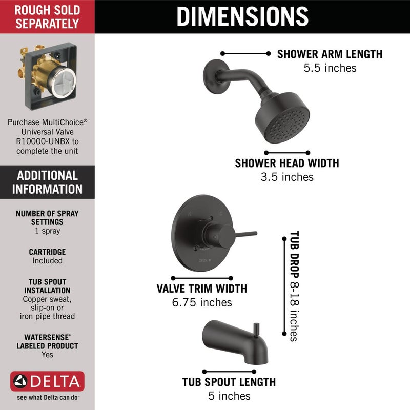 Delta Faucet Modern 14 Series Matte Black Shower Faucet, Tub and Shower Trim Kit with Single-Spray Touch-Clean Black Shower Head, Matte Black T14459-BL-PP (Valve Not Included) - Image 3