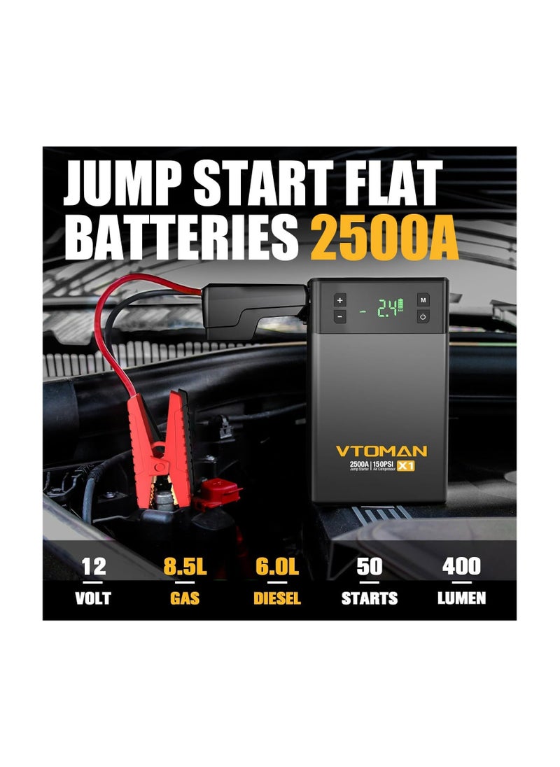 Generic - VTOMAN X1 Jump Starter with Air Compressor, 2500A Portable Battery Booster(Up to 8.5L Gas/6L Diesel Engines) with 150PSI Digital Auto Tire Inflator, 12V Car Lithium Battery Jump Box Pack Power Charger - Image 1