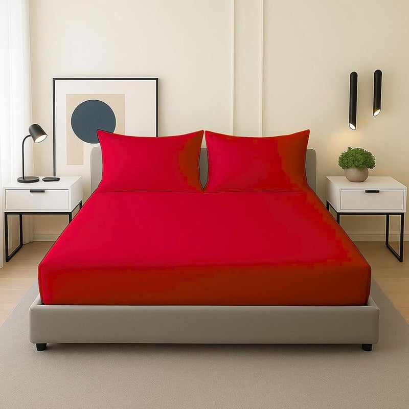 FOAM CRAFT 3 Piece Fitted Sheet Set - Queen Size Fitted Bed Sheet & 2 Pillow Shams - 100% Cotton - 300TC Hotel Quality - Red - Image 1
