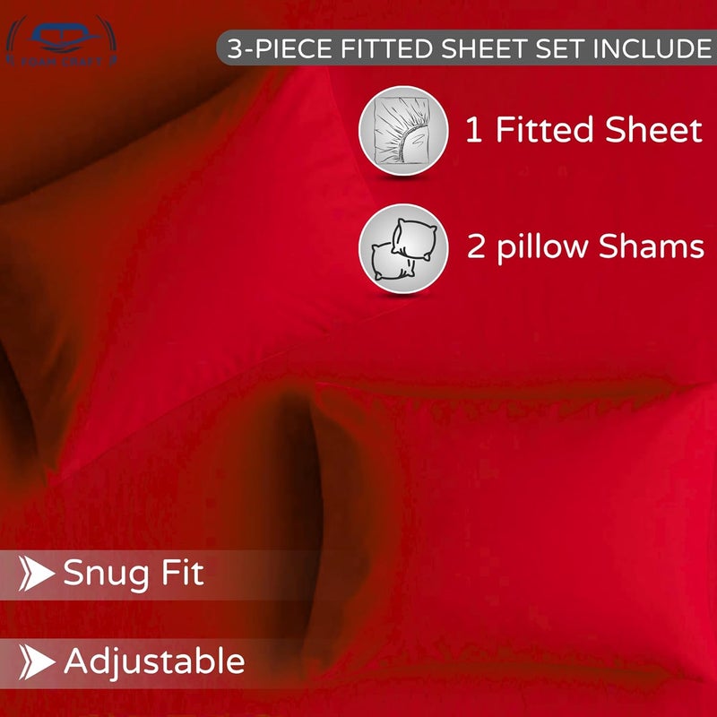 FOAM CRAFT 3 Piece Fitted Sheet Set - Queen Size Fitted Bed Sheet & 2 Pillow Shams - 100% Cotton - 300TC Hotel Quality - Red - Image 5